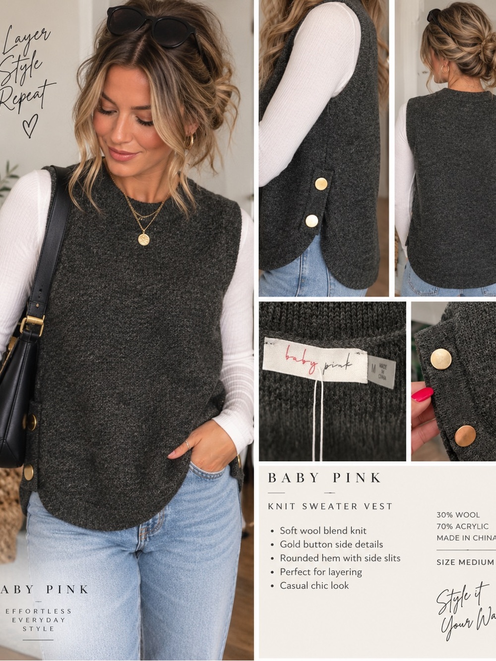 Charcoal Knit Sweater Vest - Crew Neck Layering Piece